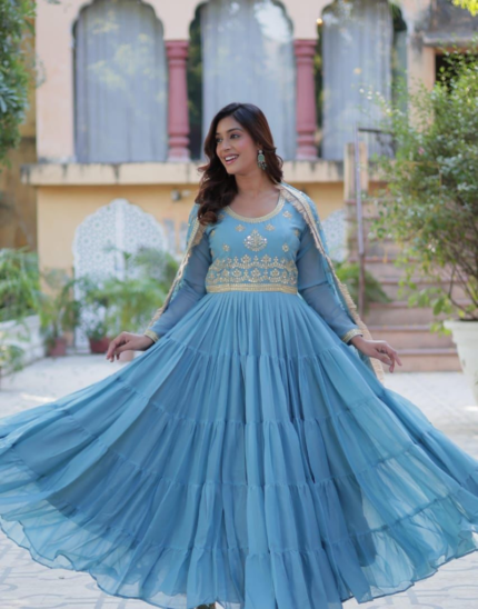 Sky Blue Embroidered Anarkali Gown with Dupatta